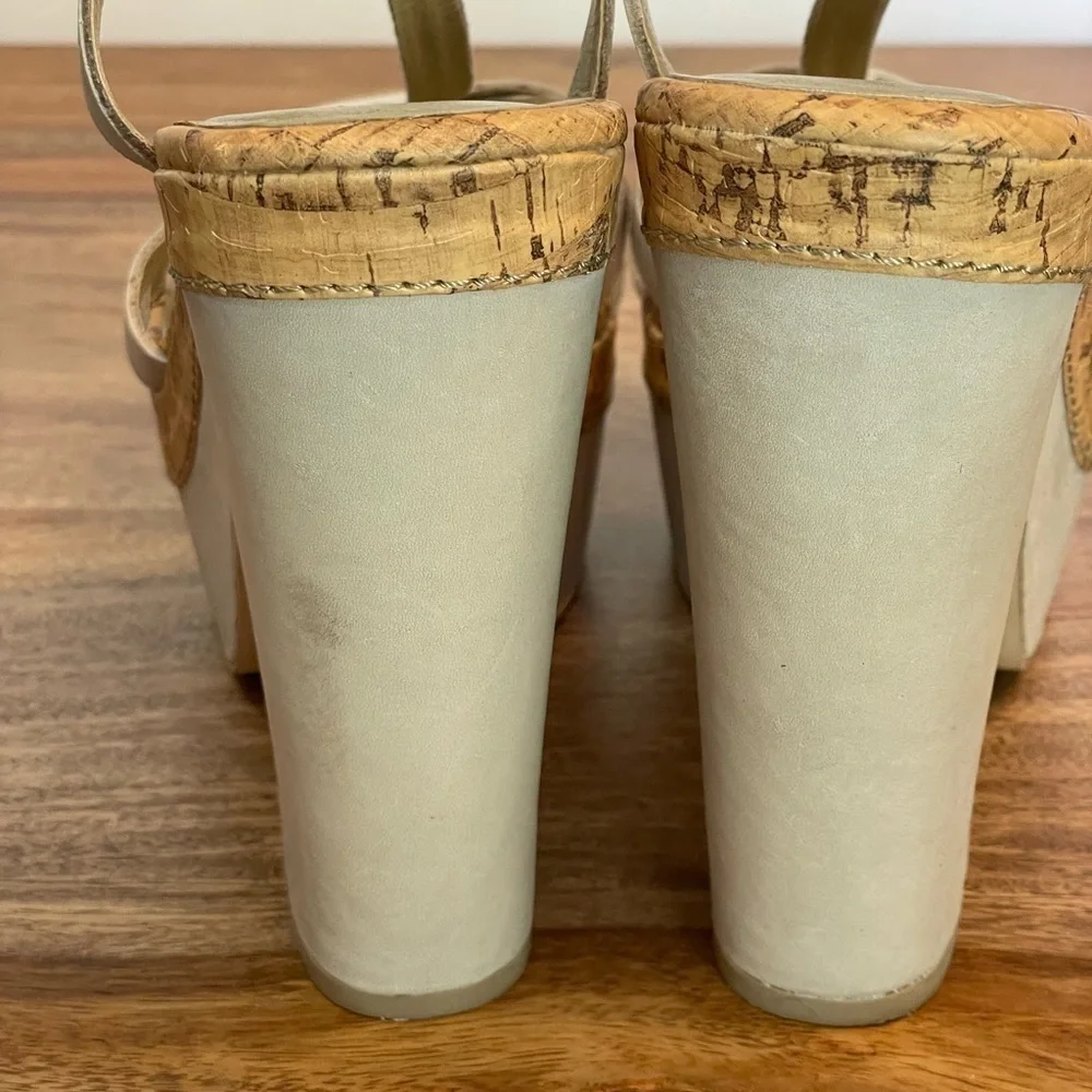 Seychelles Leather Cork T-Strap Platform Heel Strappy Sandals Taupe Off White‎ 9
